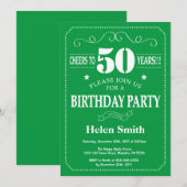 50th Birthday Invitation Green and White Kaart (Voorkant / Achterkant)