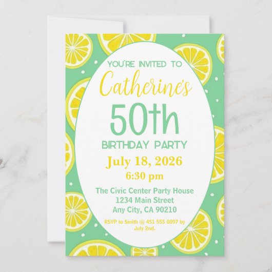 50th Birthday Invitation, Lemon and Green Motif Kaart (Voorkant)