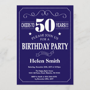 50th Birthday Invitation Navy Blue and White Kaart