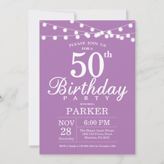 50th Birthday Invitation Paars Lavender Kaart (Voorkant)