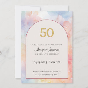 50th Birthday Invitation   Pastel Watercolor Gold  Kaart