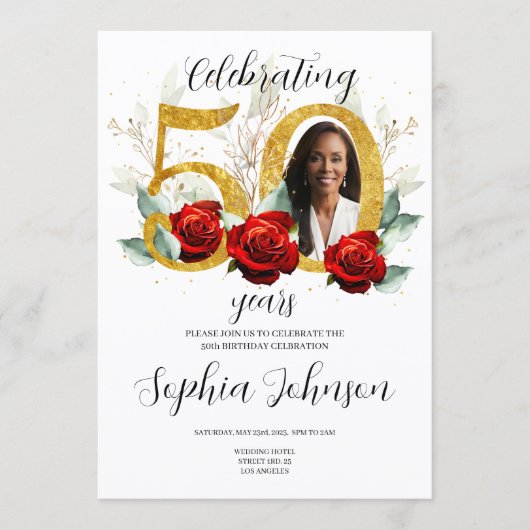 50th Birthday Invitation Photo Red Roses (Voorkant)