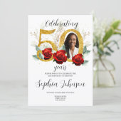50th Birthday Invitation Photo Red Roses (Staand voorkant)