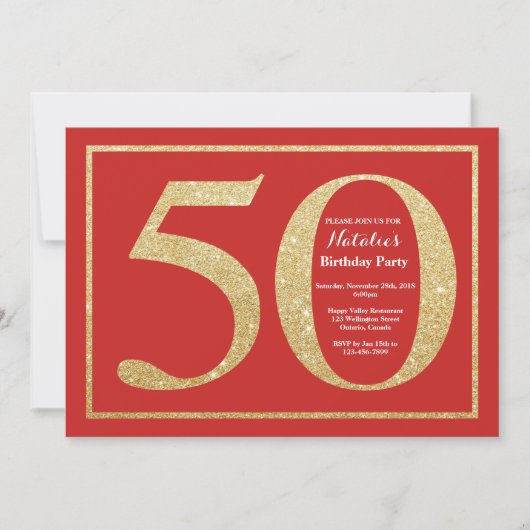 50th Birthday Invitation Red and Gold Glitter Kaart (Voorkant)