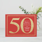 50th Birthday Invitation Red and Gold Glitter Kaart (Staand voorkant)