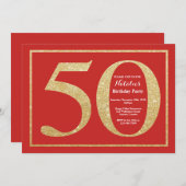 50th Birthday Invitation Red and Gold Glitter Kaart (Voorkant / Achterkant)