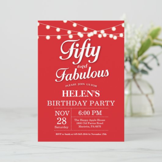 50th Birthday Invitation Red Fabulous Kaart (Staand voorkant)