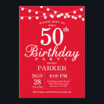 50th Birthday Invitation Red Kaart<br><div class="desc">50e verjaardag Uitnodiging met de Lichten van het Koord. Rode achtergrond. 13e 15e 16e 18e 21e 30e 40e 50e 60e 70e 90e 100e,  elke leeftijd. Voor verdere aanpassing,  te klikken gelieve de knoop "van de Aanpassing het"en ons ontwerphulpmiddel te gebruiken om deze sjabloon te wijzigen.</div>
