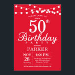50th Birthday Invitation Red Kaart<br><div class="desc">50e verjaardag Uitnodiging met de Lichten van het Koord. Rode achtergrond. 13e 15e 16e 18e 21e 30e 40e 50e 60e 70e 90e 100e,  elke leeftijd. Voor verdere aanpassing,  te klikken gelieve de knoop "van de Aanpassing het"en ons ontwerphulpmiddel te gebruiken om deze sjabloon te wijzigen.</div>