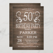 50th Birthday Invitation Rustic Wood Floral Kaart (Voorkant / Achterkant)