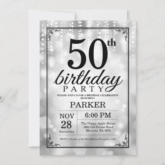 50th Birthday Invitation Silver Glitter Kaart (Voorkant)