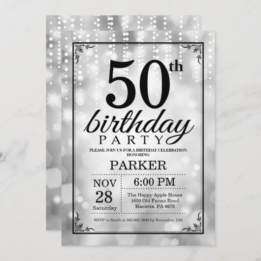 50th Birthday Invitation Silver Glitter Kaart (Voorkant / Achterkant)