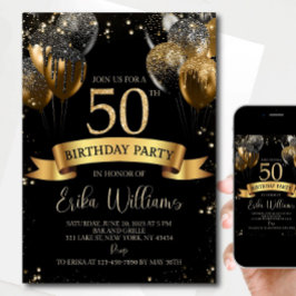 50th Birthday Invitation Template: Black Gold Ball Kaart