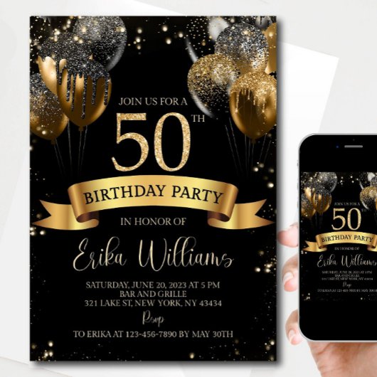 50th Birthday Invitation Template: Black Gold Ball Kaart