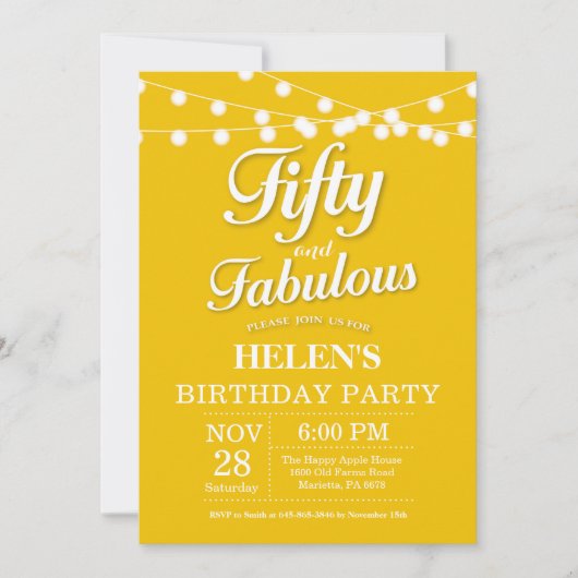 50th Birthday Invitation Yellow Fabulous Kaart (Voorkant)