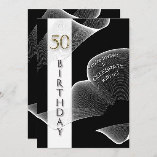 50th Birthday Invitation, zwart-wit, modern Kaart (Voorkant / Achterkant)
