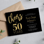 50th Birthday juicht op 50 jaar modern goud zwart Kaart<br><div class="desc">Modern faux gold casual handschrift script juicht op 50 jaar verjaardagsfeestuitnodiging.</div>