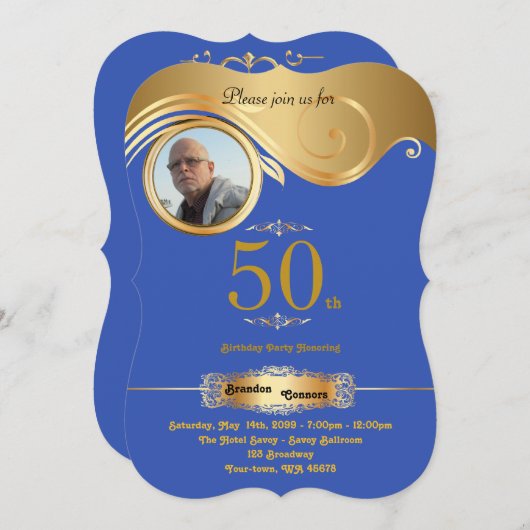 50th, Birthday Man, art deco, Blue Roy Gold Kaart (Voorkant / Achterkant)