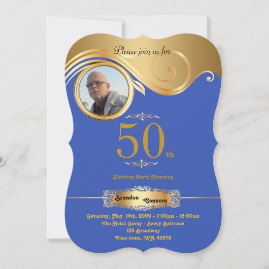 50th, Birthday Man, art deco, Blue Roy Gold Kaart (Voorkant)