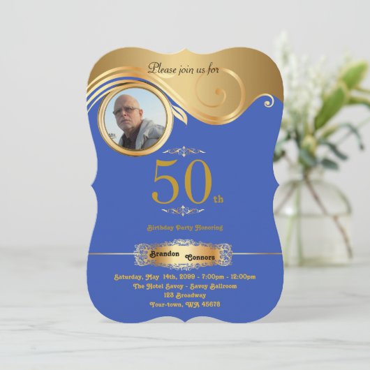 50th, Birthday Man, art deco, Blue Roy Gold Kaart (Staand voorkant)