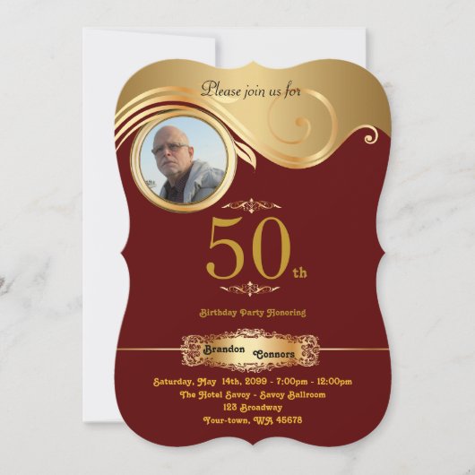 50th, Birthday Man, art deco, Bordeaux goud Kaart (Voorkant)