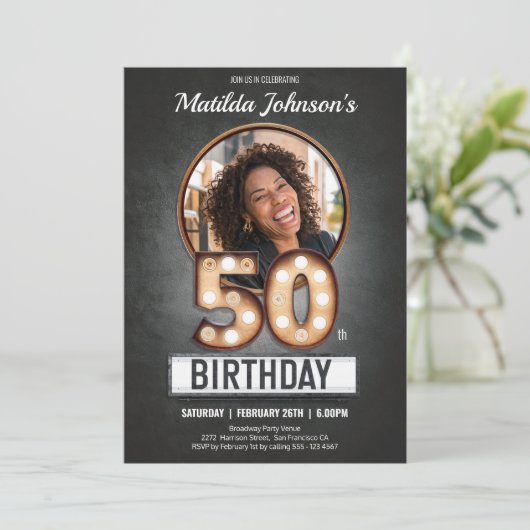 50th Birthday Marquee Fun Custom Photo Kaart (Staand voorkant)