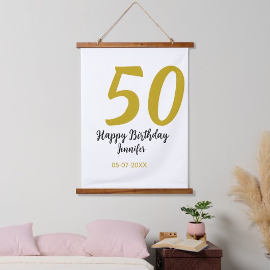 50th Birthday Naam toevoegen Datum Jaar Black sjab Hangend Wandkleed (Slaapkamer)