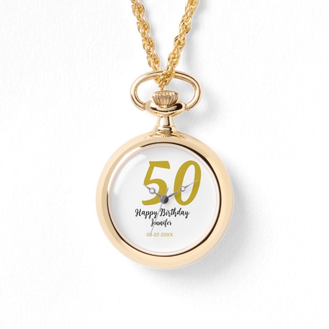 50th Birthday Naam toevoegen Datum Jaar Black sjab Horloge (Voorkant)