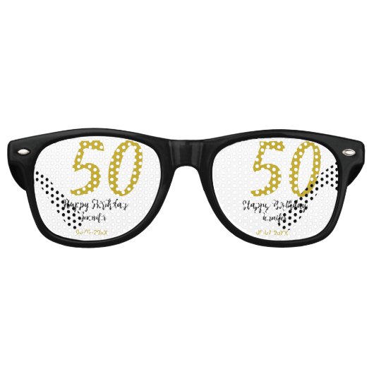 50th Birthday Naam toevoegen Datum Jaar Black sjab Retro Zonnebril (Voorkant)