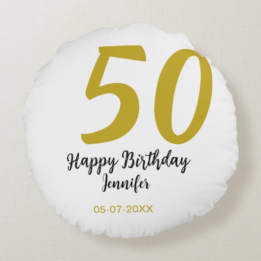 50th Birthday Naam toevoegen Datum Jaar Black sjab Rond Kussen (Achterkant)