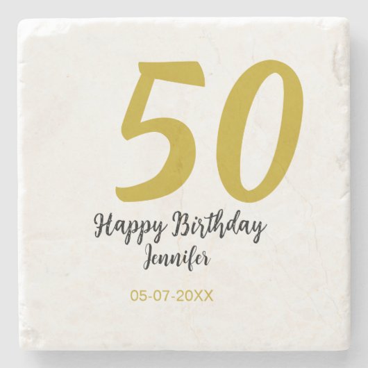 50th Birthday Naam toevoegen Datum Jaar Black sjab Stenen Onderzetter (Voorkant)