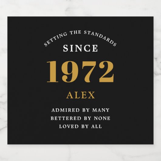 50th Birthday Name 1972 Black Gold Elegant Chic Bier Etiket (Enkel label)