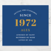 50th Birthday Name 1972 Blue Gold Elegant Chic Bier Etiket (Enkel label)