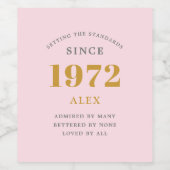 50th Birthday Name 1972 Pink Grey Elegant Chic Wijn Etiket (Enkel label)