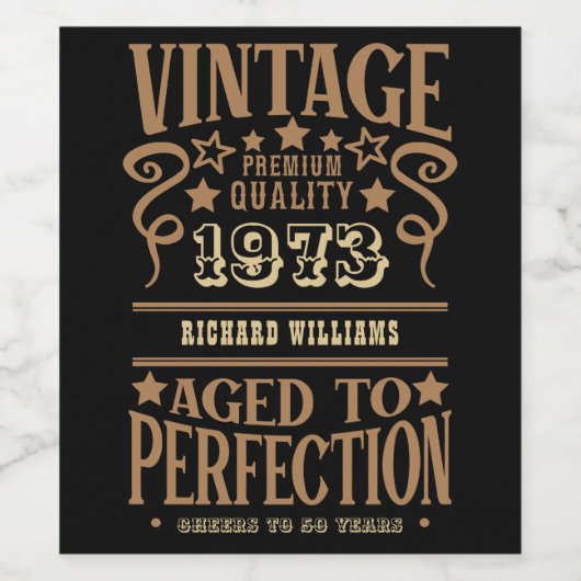 50th Birthday Name 1973 Black Gold Elegant Wijn Etiket (Enkel label)