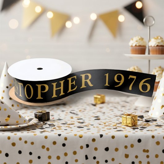 50th Birthday Name 1976 Black Gold Elegant Chic Satijnen Lint