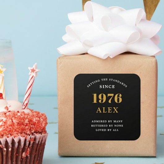 50th Birthday Name 1976 Black Gold Elegant Chic Vierkante Sticker