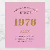 50th Birthday Name 1976 Pink Gold Elegant Chic Wijn Etiket (Enkel label)