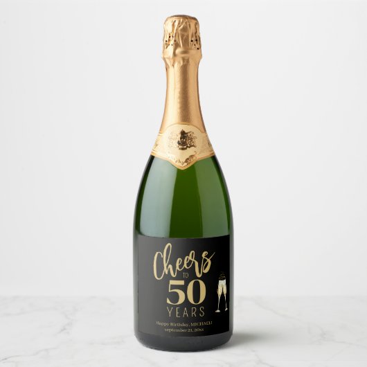 50th Birthday name gepersonaliseerde kazen Goud zw Sparkling Wijnetiket (Voorkant)
