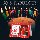 50th Birthday Name Photo 50 and Fabulous Red White Kaart