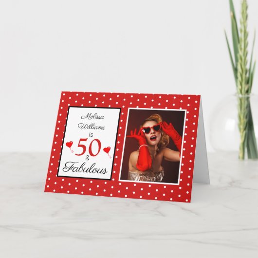 50th Birthday Name Photo 50 and Fabulous Red White Kaart (Voorkant)