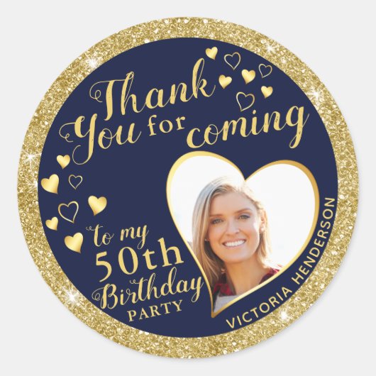 50th Birthday Navy Blue and Gold Favor Thank You Ronde Sticker (Voorkant)