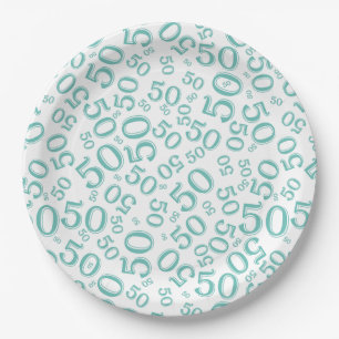 50th Birthday Number Pattern Blauwgroen/White Papieren Bordje