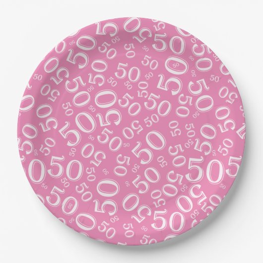 50th Birthday Number Pattern Pink/White Papieren Bordje (Voorkant)