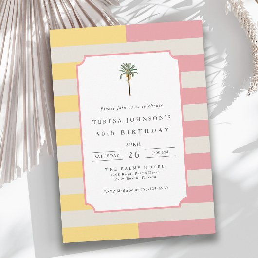 50th Birthday Palm Beach Pastel Stripe Tropical Kaart