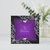 50th Birthday Party Black Bright Deep Paars Kaart (Staand voorkant)