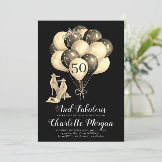 50th Birthday Party Black White Kaart (Staand voorkant)