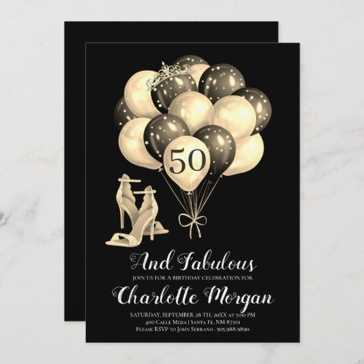 50th Birthday Party Black White Kaart (Voorkant / Achterkant)