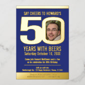 50th Birthday party blue gold foil photo beer  Folie Uitnodiging (Voorkant)