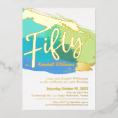 50th Birthday party blue green gold foto abstract Folie Uitnodiging (Voorkant)